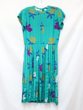 Vintage 70s silk dress Nipon Boutique teal turquoise pleated floral size 10